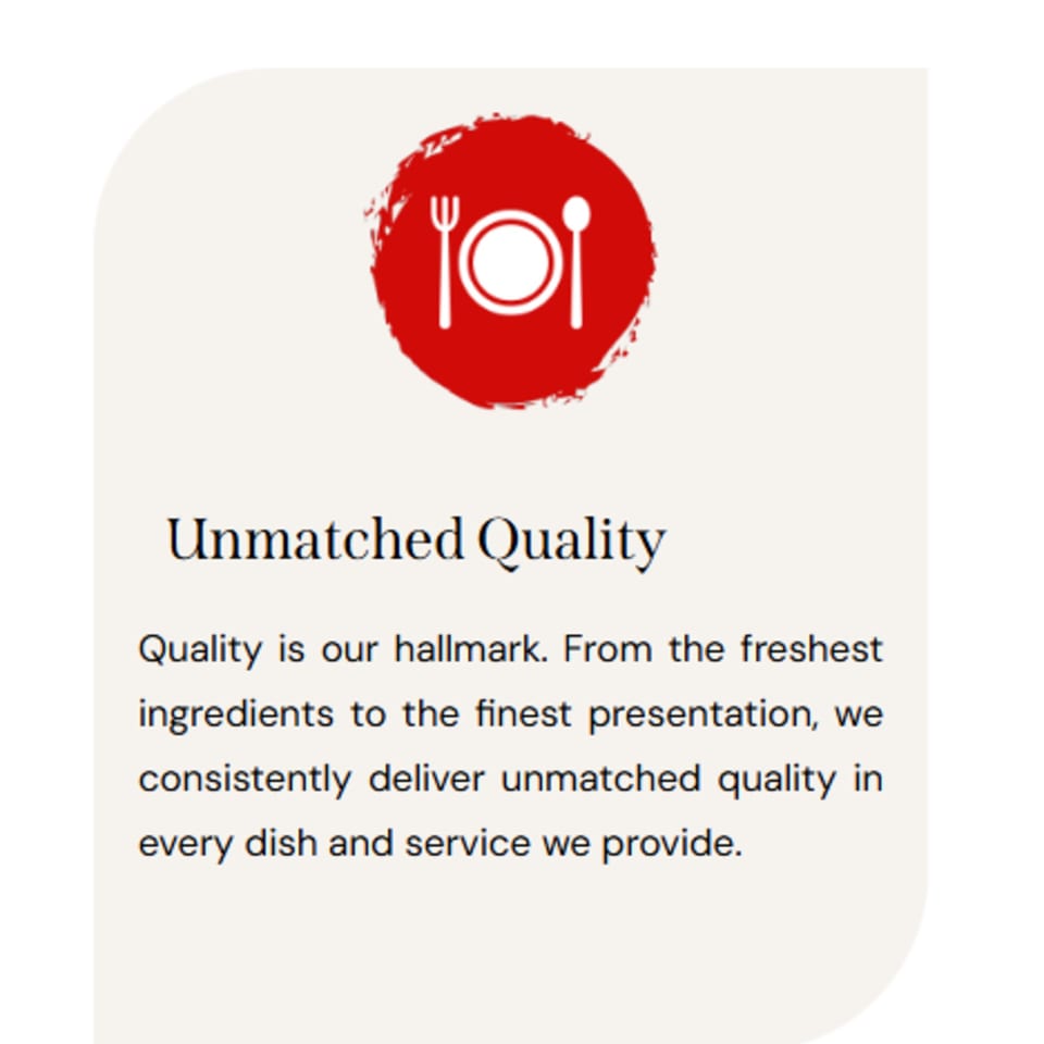 Red circular icon with a white plate, fork, and spoon, above text about unmatched quality.