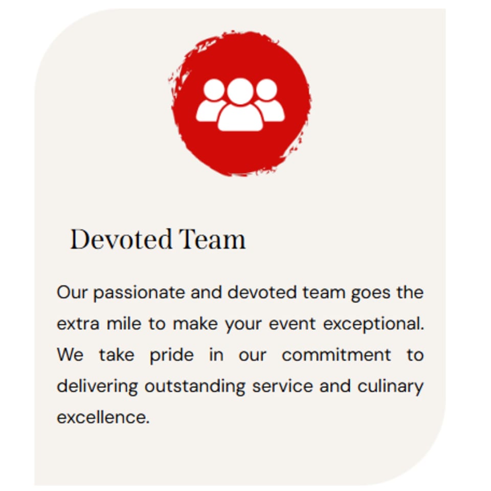 A red circle with three white silhouettes of people, above text about a devoted team.