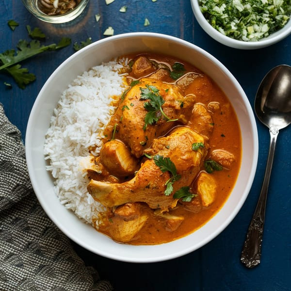 Rangoli Restaurant's chicken curry with rice, garnished with cilantro, on a blue table.