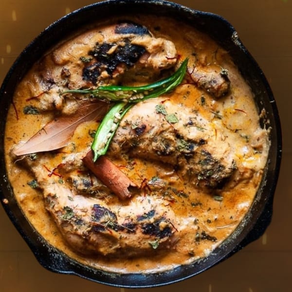 Indian chicken curry in a cast iron pan, garnished with green chilies, bay leaf, and cinnamon.